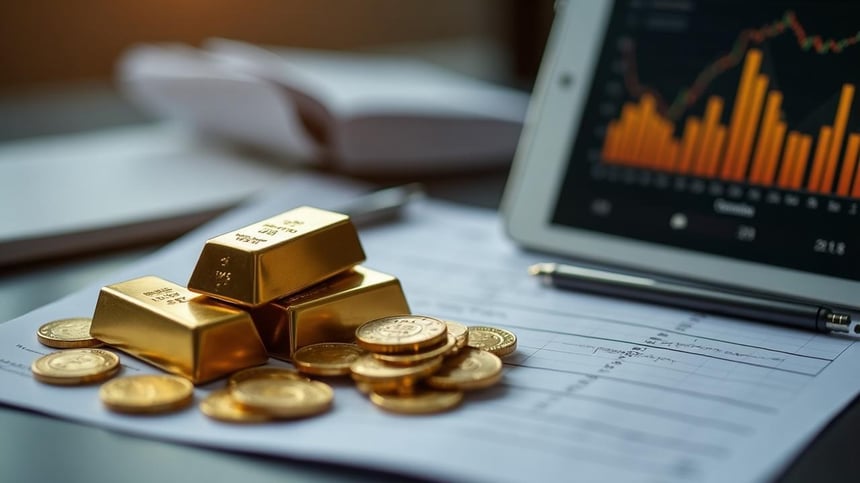 Gold bars and coins with financial chart representing Precious Metals IRA